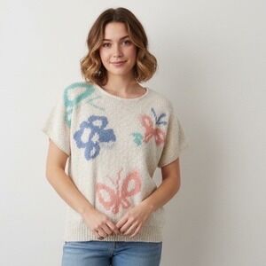 Cos Cob Vintage Butterfly Knit Sweater Grandmacore Cream Ramie Cotton M 80s 90s